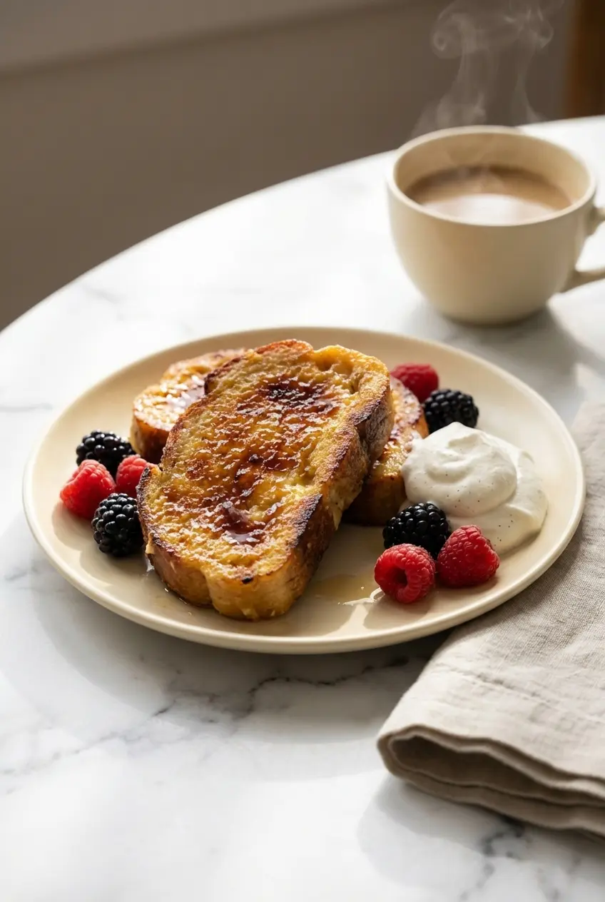 Slices of Overnight Crème Brûlée French Toast served warm on white plates at a cozy holiday brunch table.
