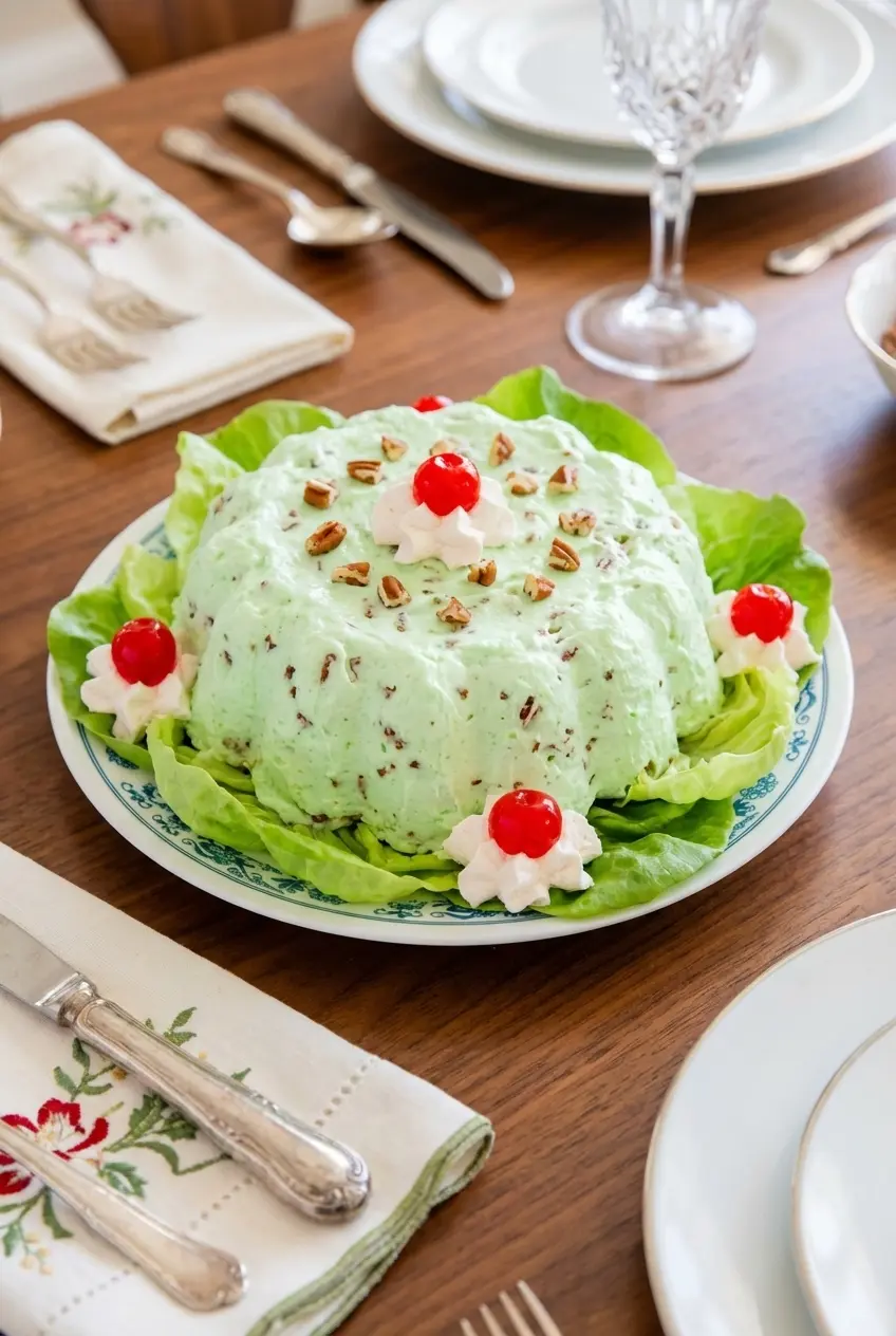 A chilled slice of Retro Sea Foam Salad Recipe served on a vintage glass plate at a dinner table setting.