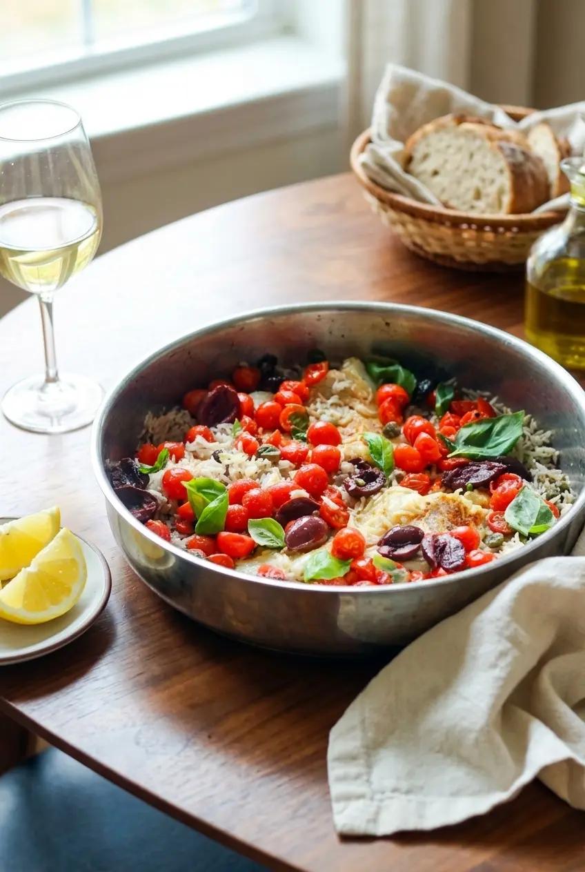 A beautifully plated Mediterranean rice with fish recipe portioned into a ceramic serving bowl alongside fresh capers.