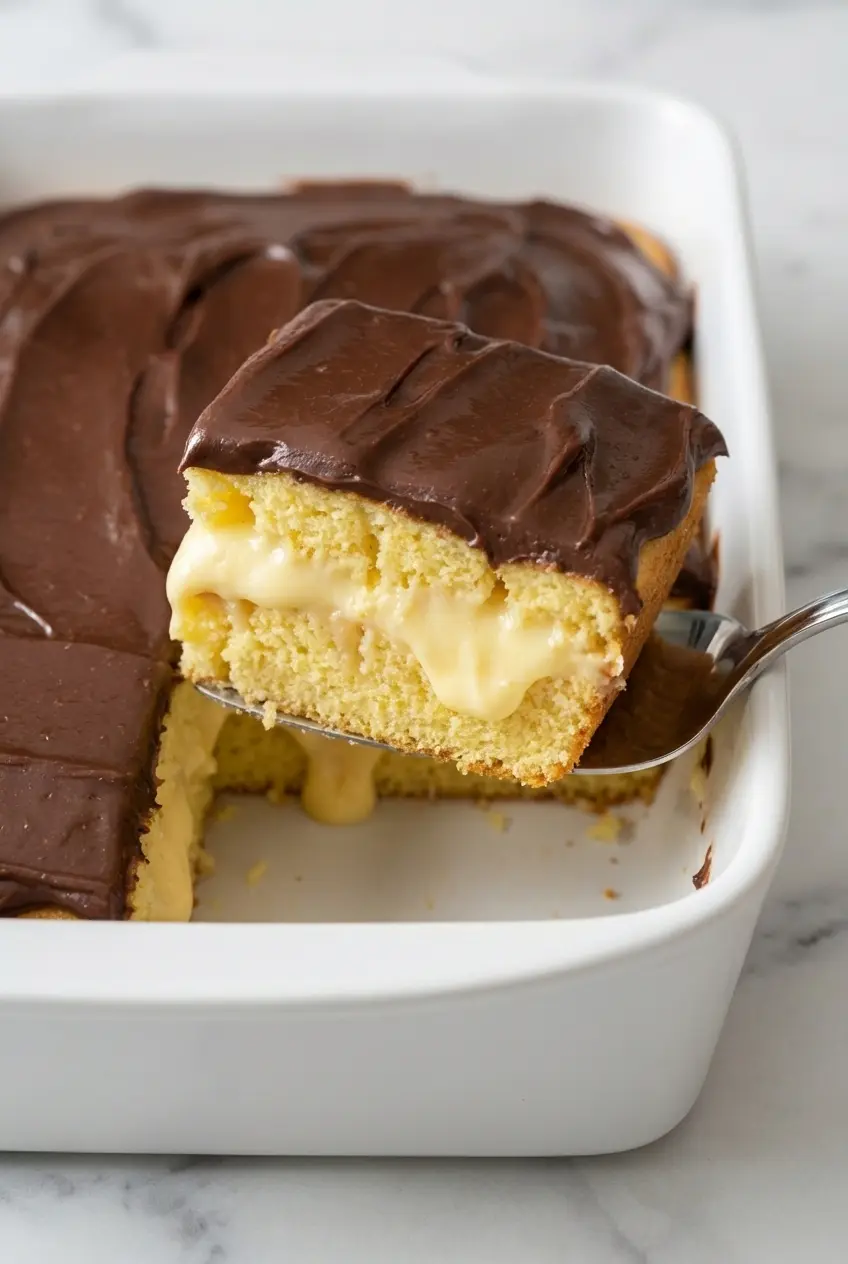 Using a wooden spoon handle to poke holes into a Boston Cream Poke Cake for the vanilla custard filling.