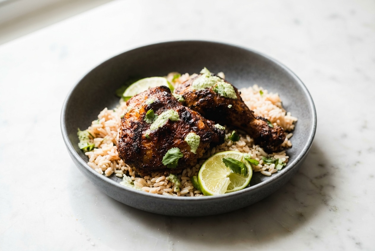 Golden, crispy baked Pollo a la Brasa recipe marinated with Ají Panca and Huacatay, roasted on a wire rack.