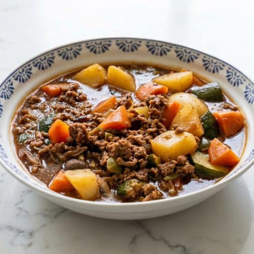 A bowl of Poor Man's Stew with ground beef, potatoes, and a rich, dark umami broth from caramelized tomato paste and soy sauce.