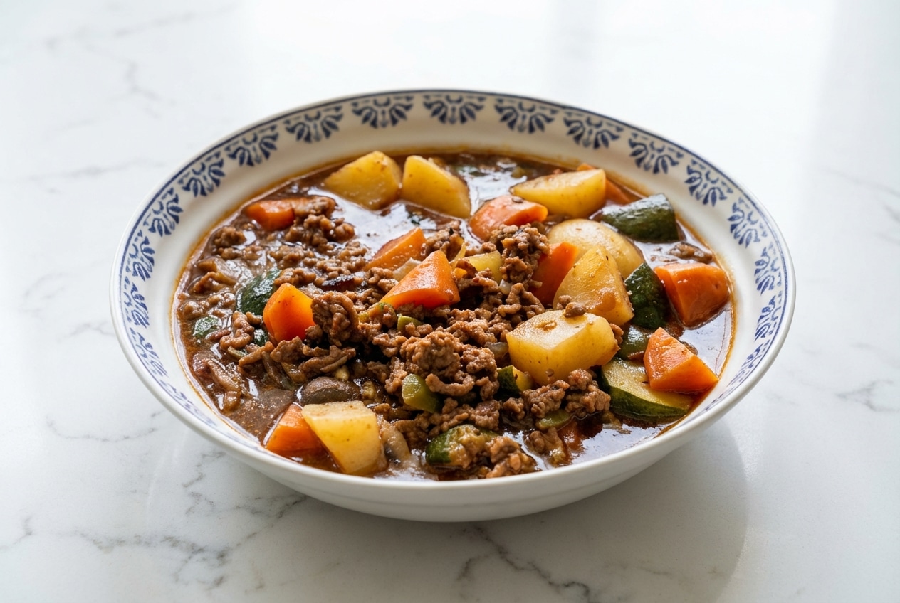A bowl of Poor Man's Stew with ground beef, potatoes, and a rich, dark umami broth from caramelized tomato paste and soy sauce.