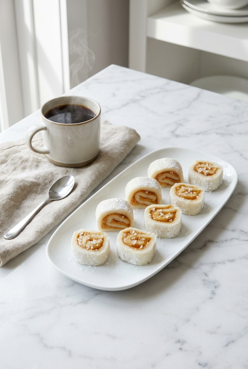 A platter of sliced treats from our potato candy recipe arranged on a vintage plate for a holiday dessert table.