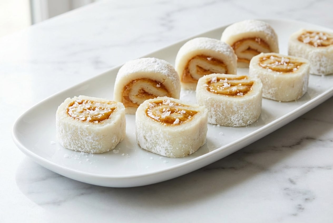 Sliced rolls from this potato candy recipe featuring a browned butter and flaky sea salt peanut butter filling.