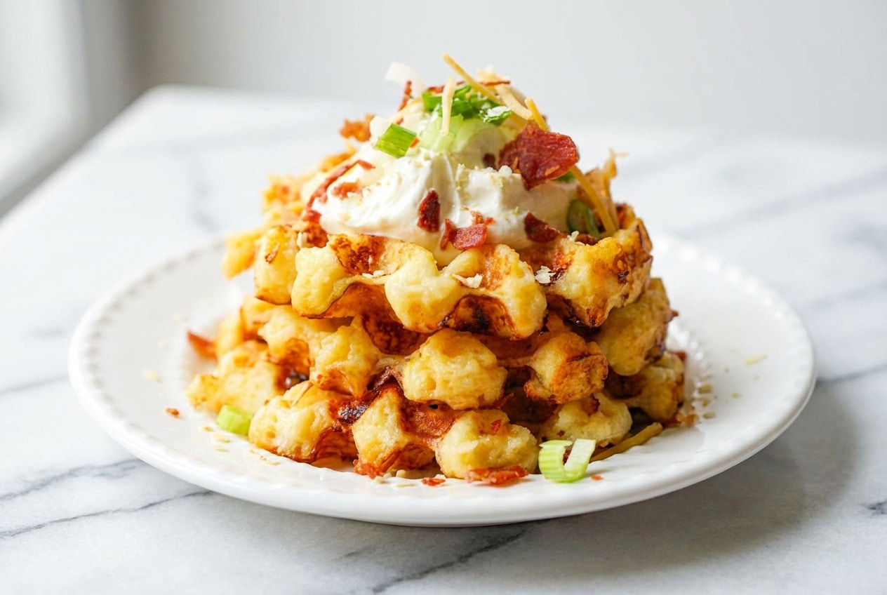Golden Potato Waffles with a crunchy crust thanks to added instant potato flakes in the batter.