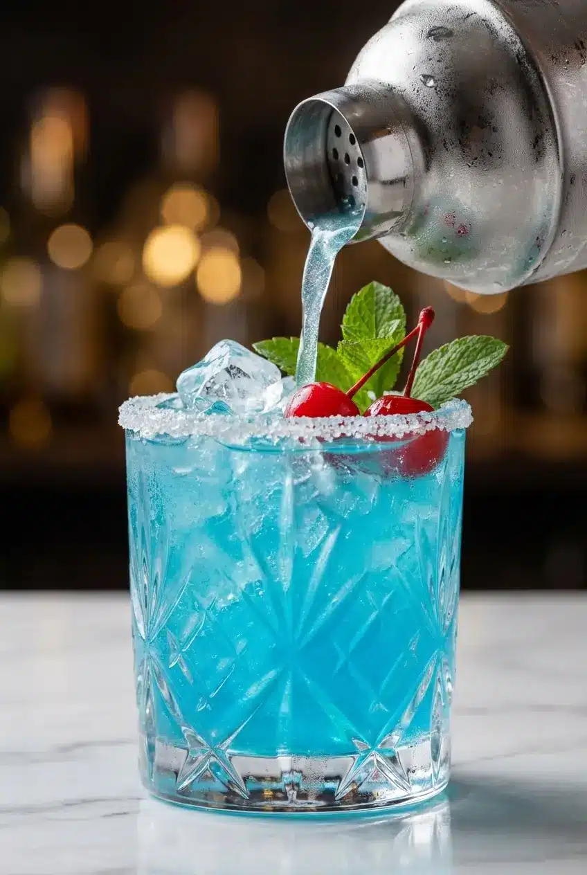 Pouring a shimmering Blue Glacier Cocktail from a frosty cocktail shaker into a chilled martini glass with sanding sugar rim.