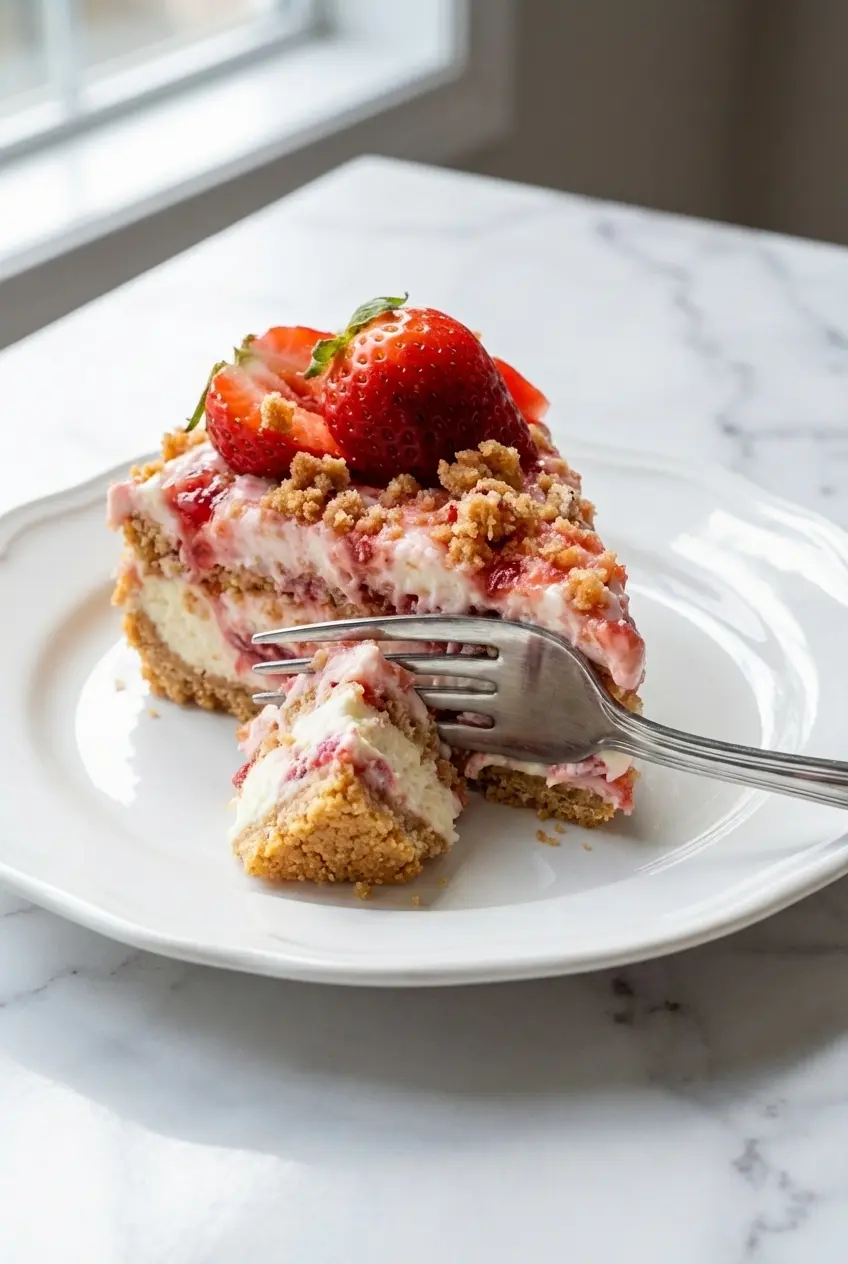 Preparing a Berrylicious Strawberry Crunch CheeseCake in a springform pan on a rustic wooden counter.