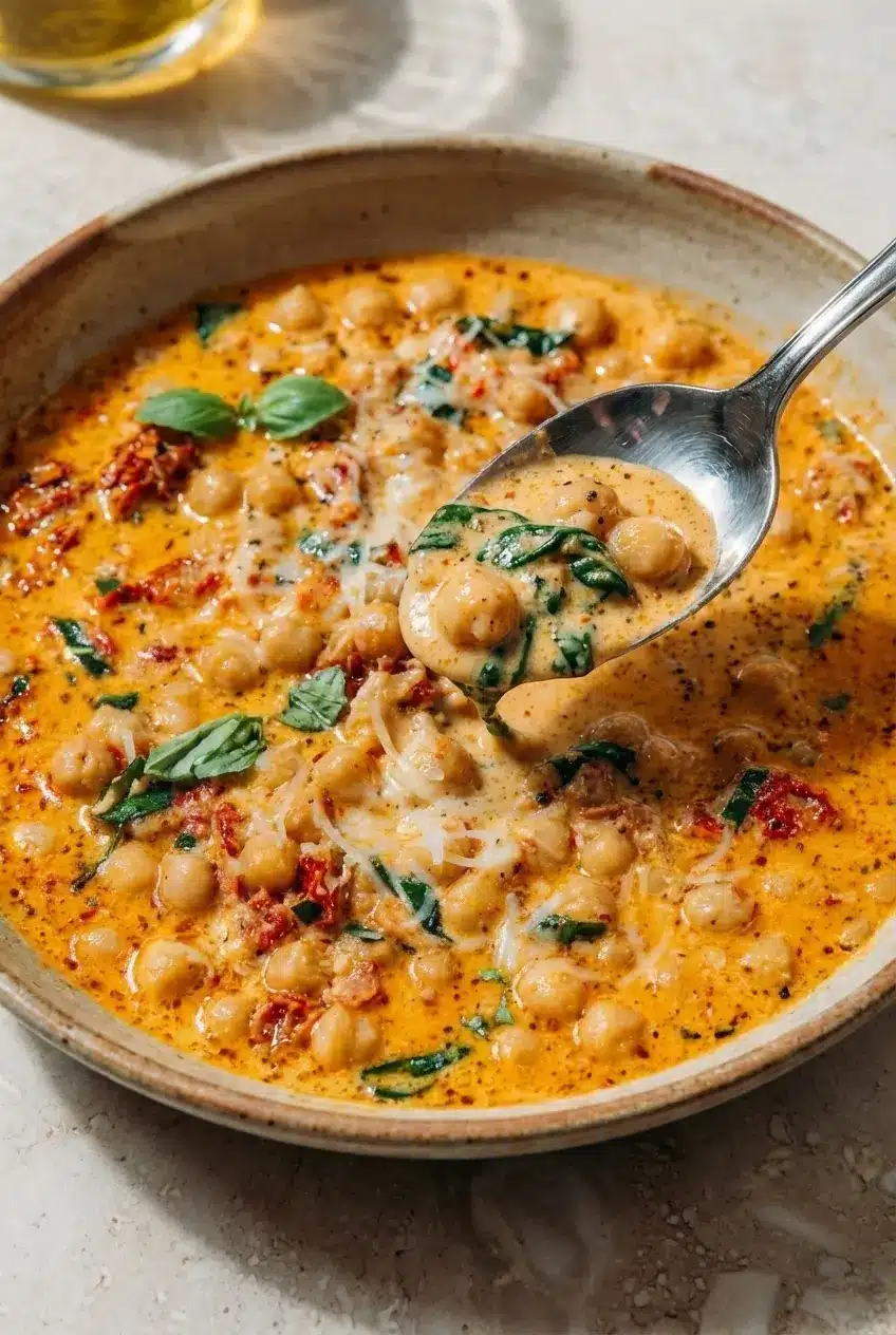 A bowl of soaked garbanzo beans ready to be used in this marry me chickpeas recipe on a rustic kitchen counter.