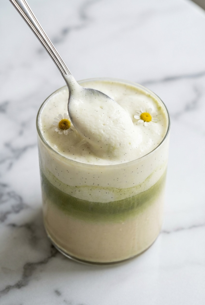 Whisking the vanilla bean yuzu honey cold foam to pour over an iced Yuzu Matcha Latte.