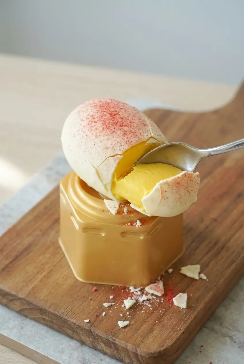 A perfect batch of the Propitious Mango Ice Cream Recipe with a smooth white chocolate shell, resting on parchment paper.