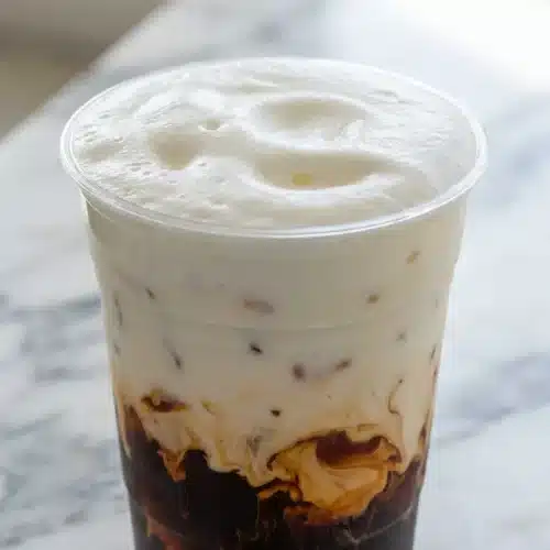 Thick protein cold foam recipe cascading over iced coffee, made by dry-shaking whey isolate and ultra-filtered skim milk.