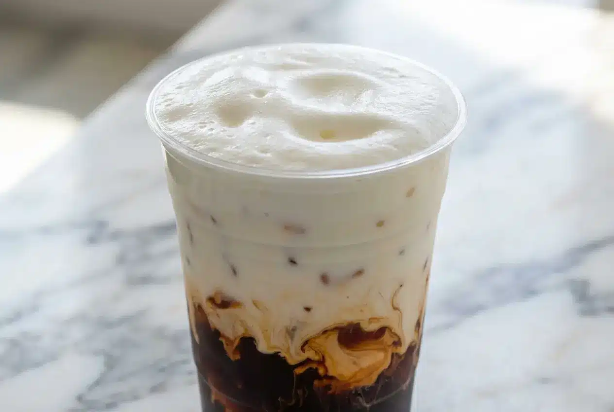 Thick protein cold foam recipe cascading over iced coffee, made by dry-shaking whey isolate and ultra-filtered skim milk.