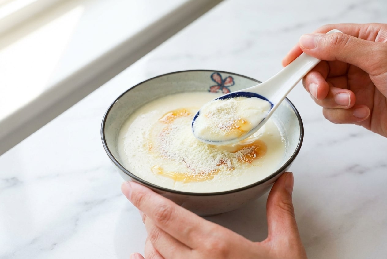 Creamy Ginger Milk Pudding in a bowl, showcasing a thick custard texture achieved through protein-fortification.