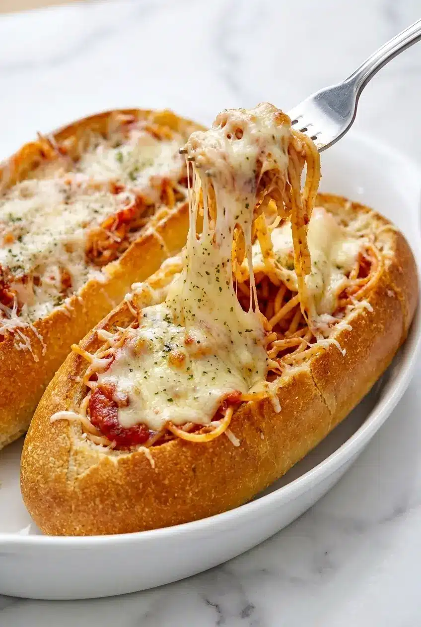 Hollowed-out hoagie rolls lined with provolone cheese to create a moisture shield for the spaghetti boats.