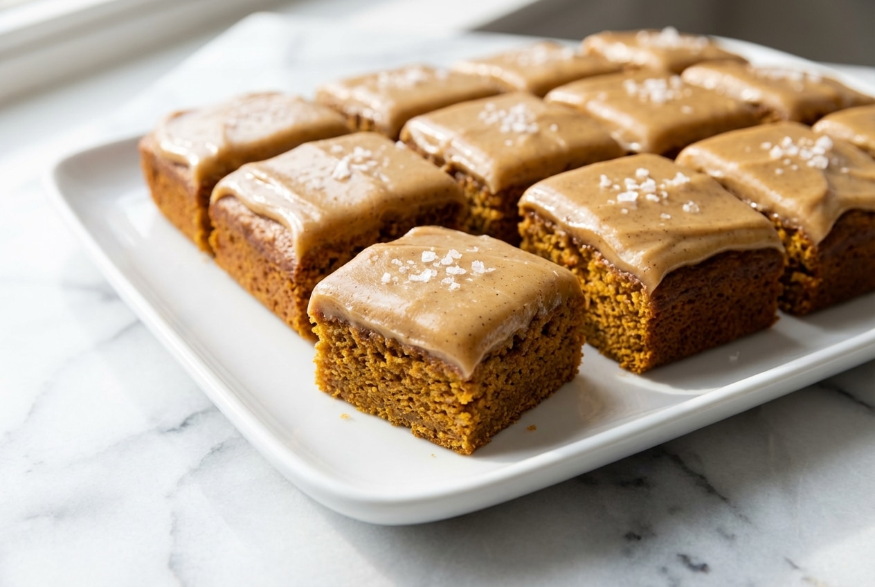 A sheet pan of perfectly cut pumpkin bars with caramel frosting, finished with a delicate sprinkle of flaky sea salt.