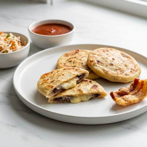 Golden-brown pupusas from a recipe using pork lard for a tender masa, served with fresh curtido and salsa roja.
