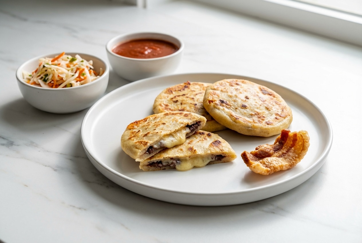Golden-brown pupusas from a recipe using pork lard for a tender masa, served with fresh curtido and salsa roja.
