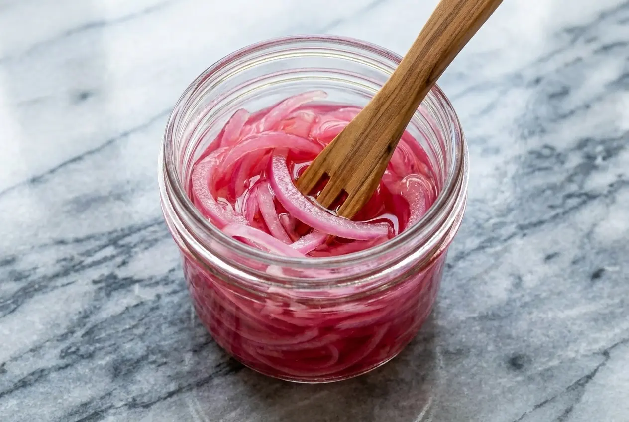 Vibrant pink quick pickled onions in a jar with visible toasted peppercorns and a hint of earthy sumac.