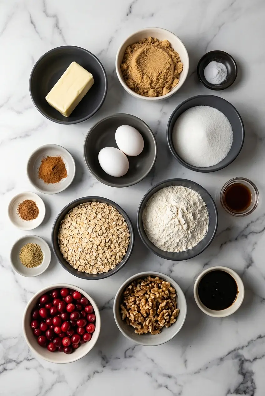 Flat lay of ingredients for oatmeal cranberry cookies including rolled oats, dried cranberries, eggs, and brown butter.