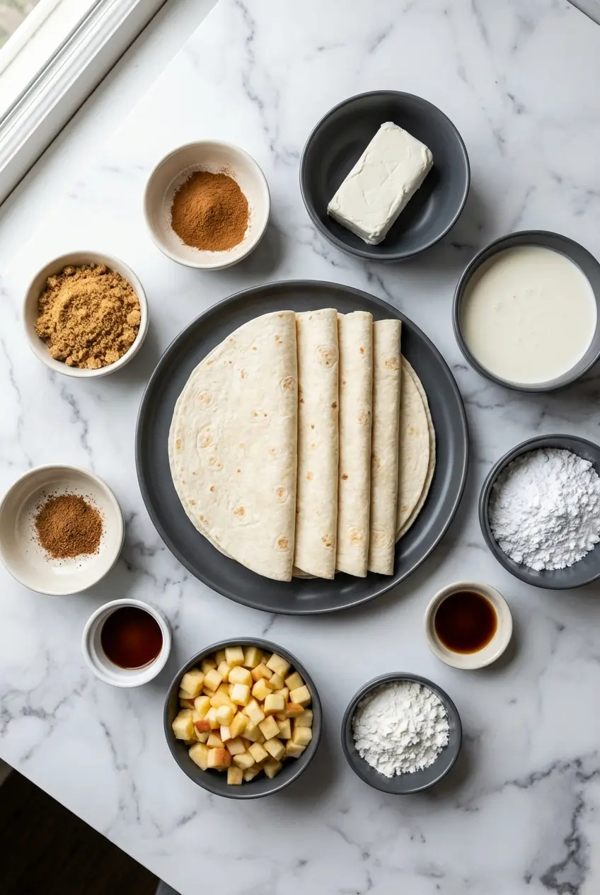 Flat lay of ingredients for Apple Cheesecake Tacos featuring flour tortillas, cream cheese, and Granny Smith apples.
