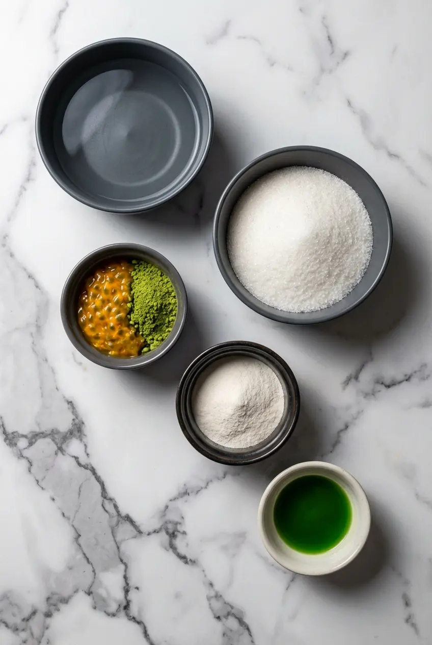 Flat lay of ingredients for a japanese jelly candy recipe, including agar agar powder, butterfly pea flowers, and sugar.