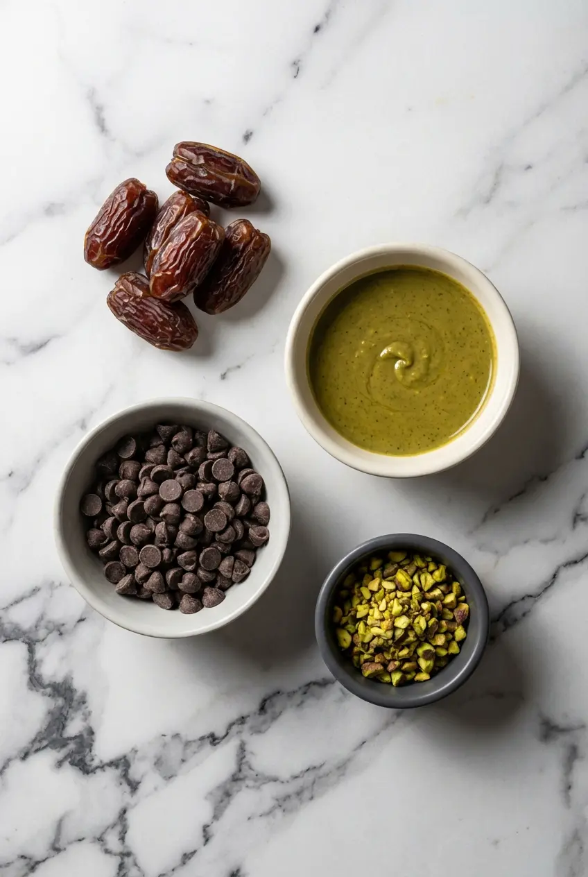 Raw ingredients for Pistachio Butter Stuffed Dates including plump Medjool dates, pistachio butter, and dark chocolate chips.