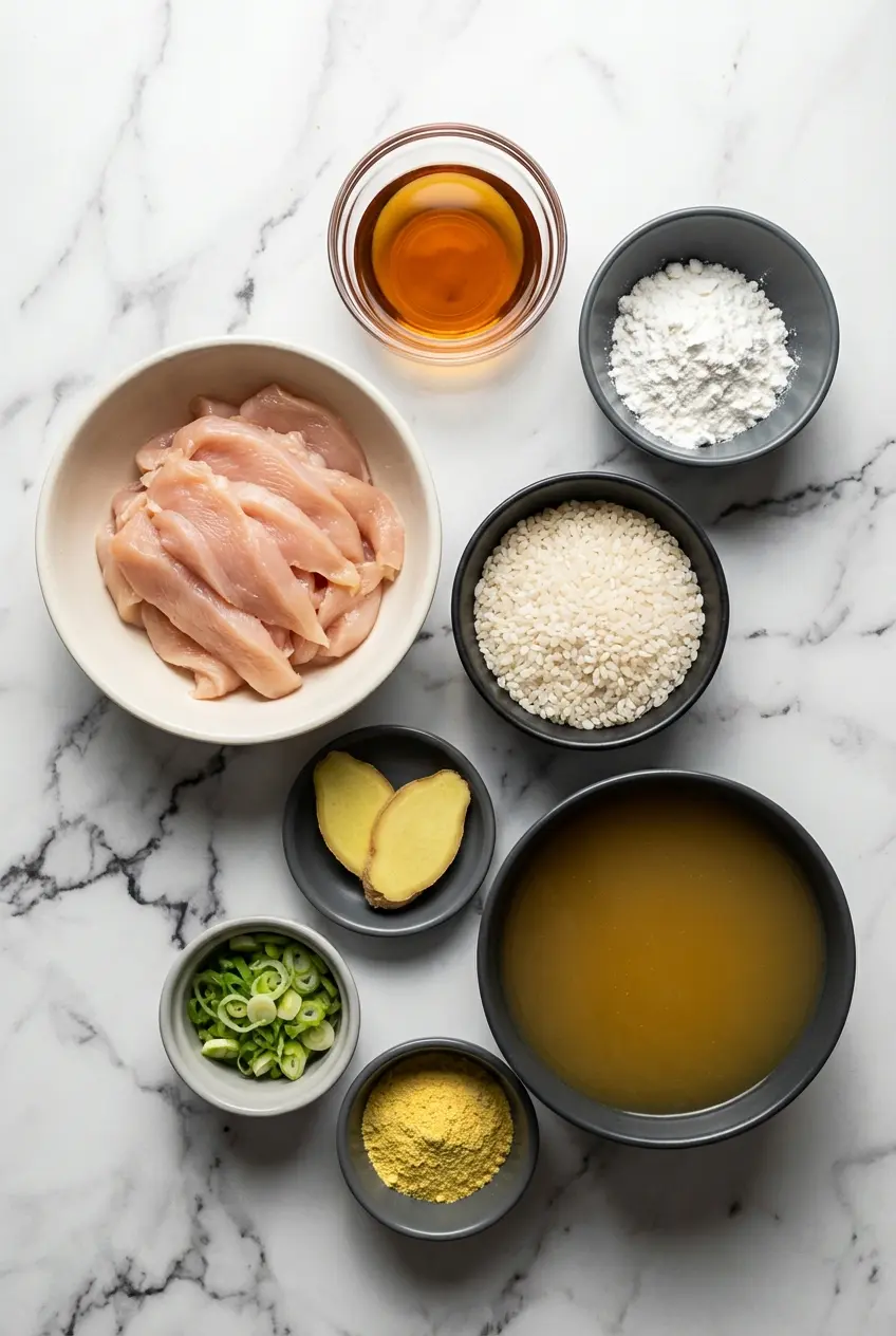 Overhead view of ingredients for a chicken congee recipe including jasmine rice, ginger, scallions, and bone broth.