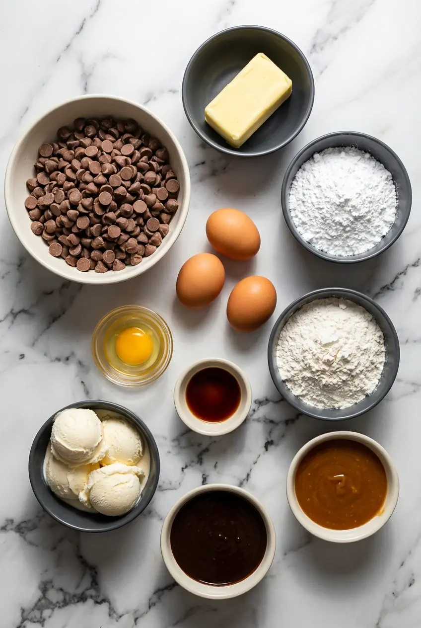 Ingredients for a chilli chocolate lava cake including semi-sweet chocolate chips, cocoa powder, butter, and cayenne pepper.