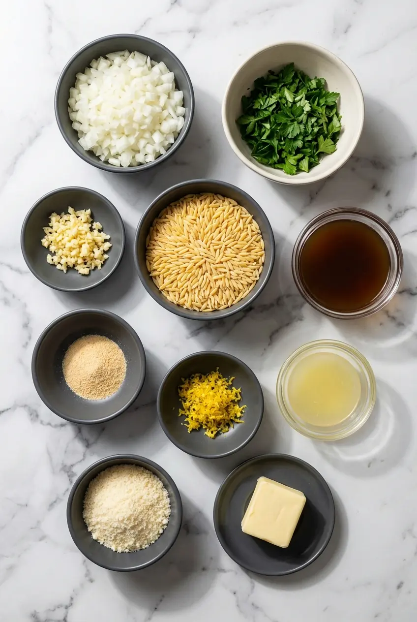 Overhead view of ingredients for a Lemon Orzo Recipe including raw orzo pasta, chicken broth, Parmesan cheese, and lemon.