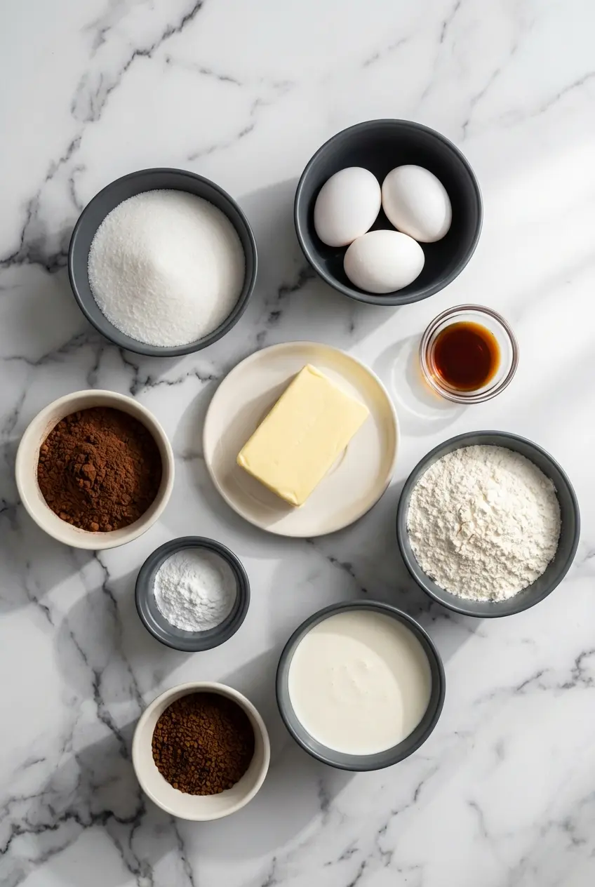 Flat lay of ingredients for Dalgona Coffee Brownies including instant coffee granules, cocoa powder, and heavy whipping cream.
