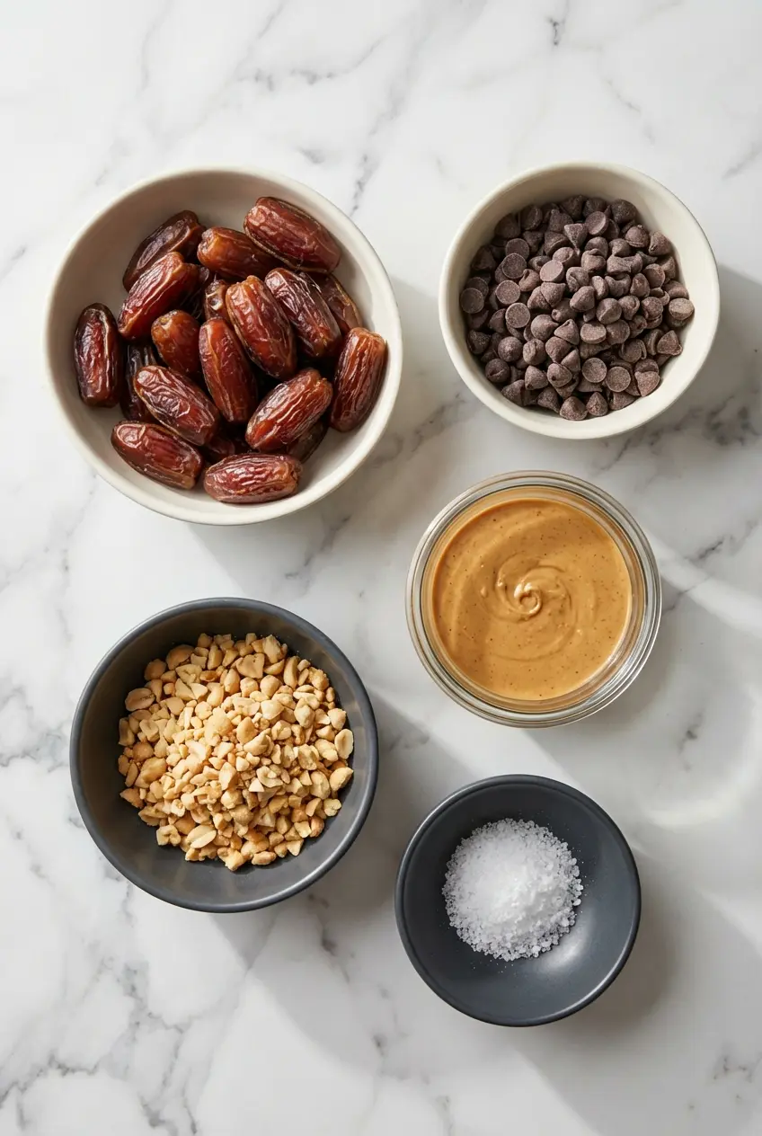 Flat lay of Date Snickers Recipe ingredients featuring Medjool dates, natural peanut butter, and semisweet chocolate chips.