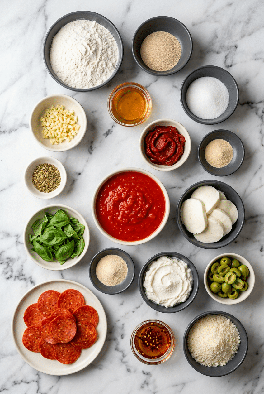 Overhead view of ingredients for a hot honey pizza recipe including 00 flour, fresh mozzarella, and Calabrian chilies.