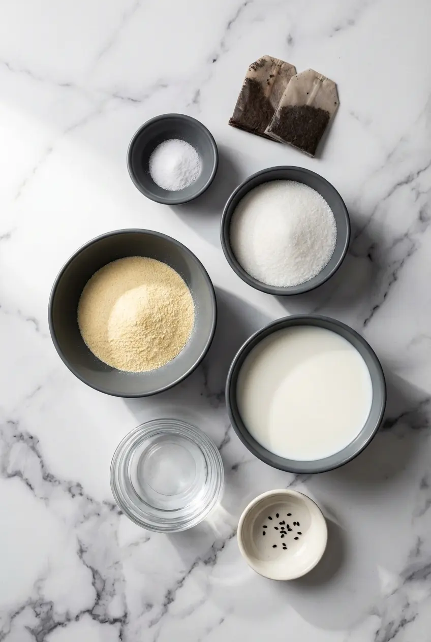 Overhead ingredients for a Jiggly Cat Pudding Recipe featuring heavy cream, unflavored gelatin powder, and vanilla paste.