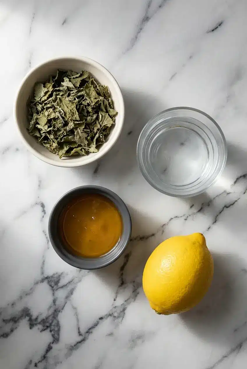 Flat lay of ingredients for a Lemon Balm Recipe for Weight Loss, including fresh Melissa officinalis leaves, ginger, and ACV.