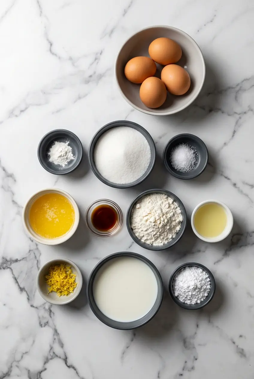 Top-down view of Lemon Custard Cake ingredients including Meyer lemons, egg whites, cream of tartar, and milk.
