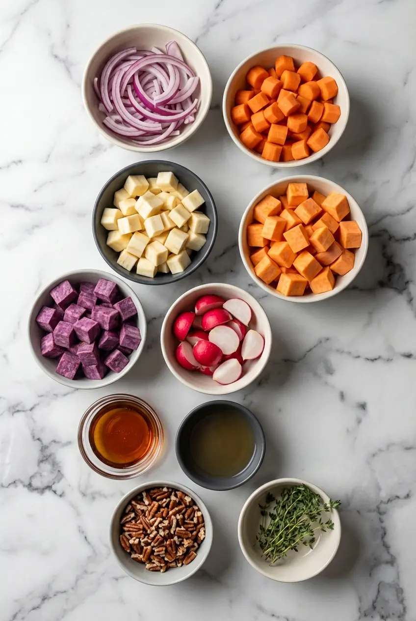 Raw root vegetables, pure maple syrup, Dijon mustard, and apple cider vinegar needed for maple roasted vegetables.