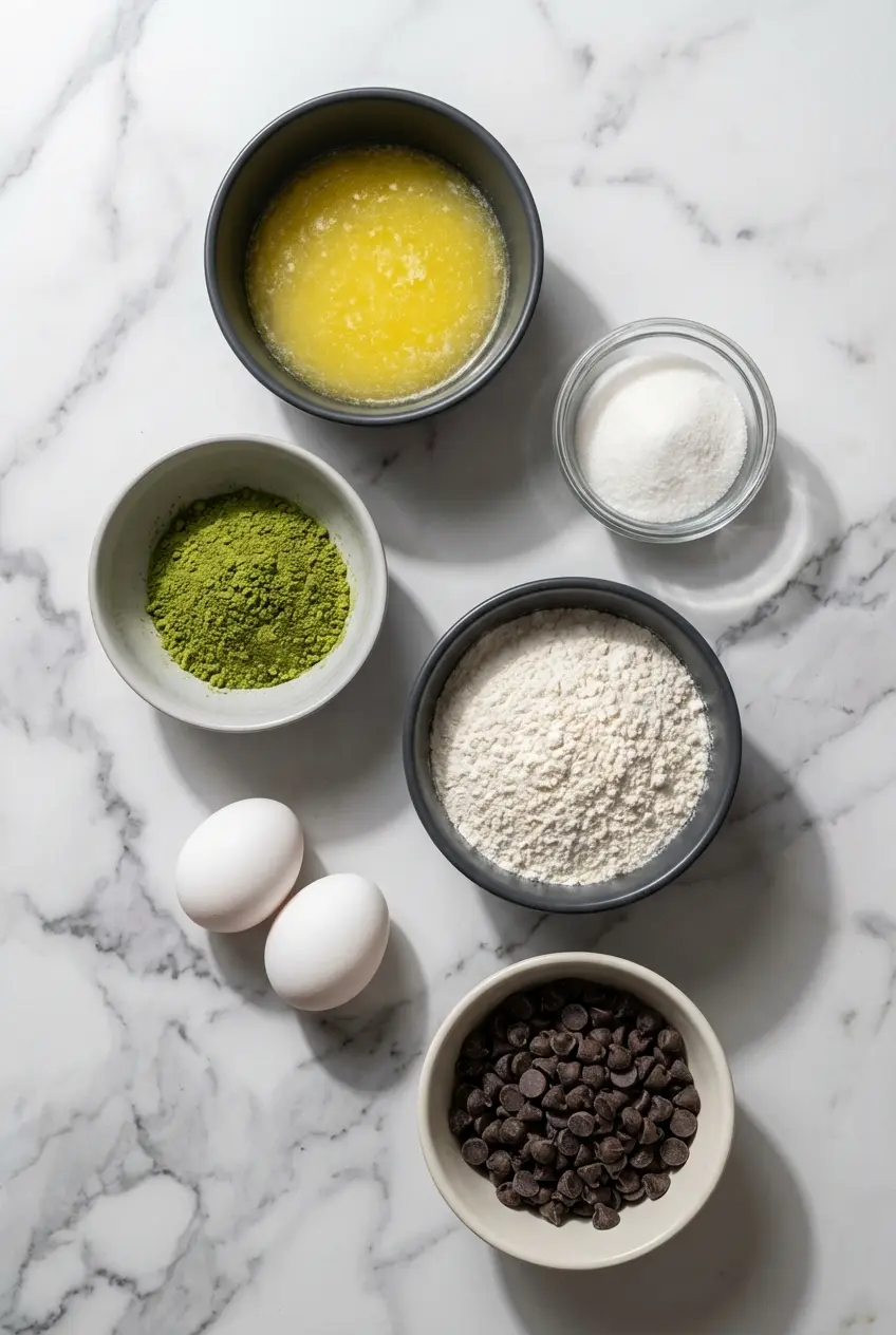 Overhead view of ingredients for a matcha brownie recipe, including culinary grade matcha powder, eggs, and unsalted butter.