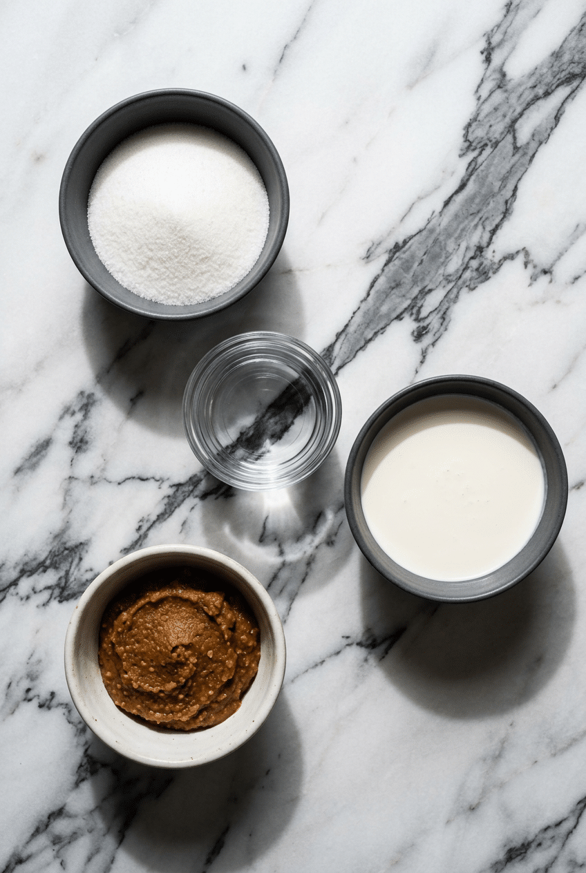 Overhead layout of Shiro miso, heavy cream, and granulated sugar ready to make a stable miso caramel recipe.