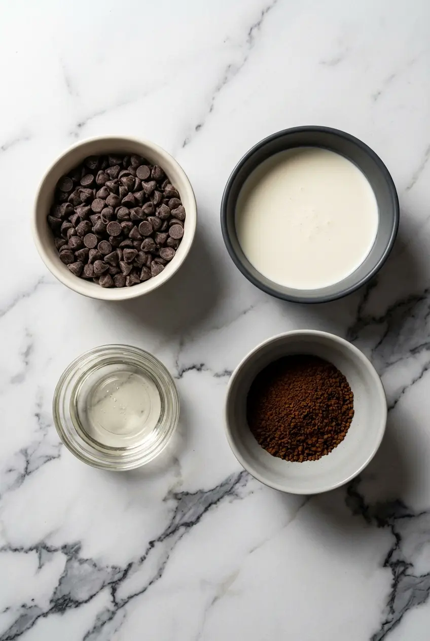 Overhead view of ingredients for a Mocha Ganache Recipe, including semi-sweet chocolate, heavy cream, and espresso powder.