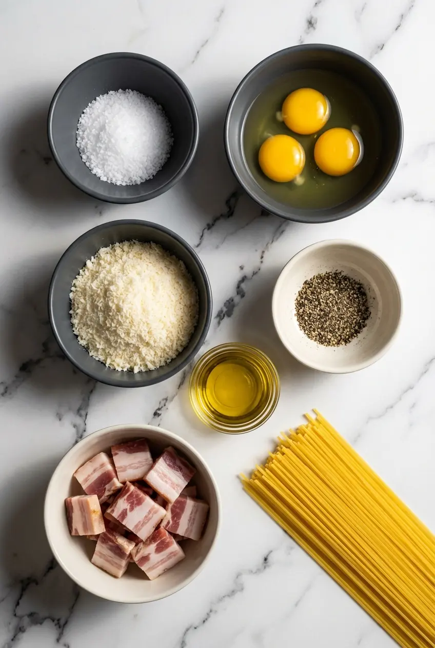 Flat lay of raw ingredients for pasta carbonara including bucatini, eggs, blocks of Pecorino Romano, and cured guanciale.