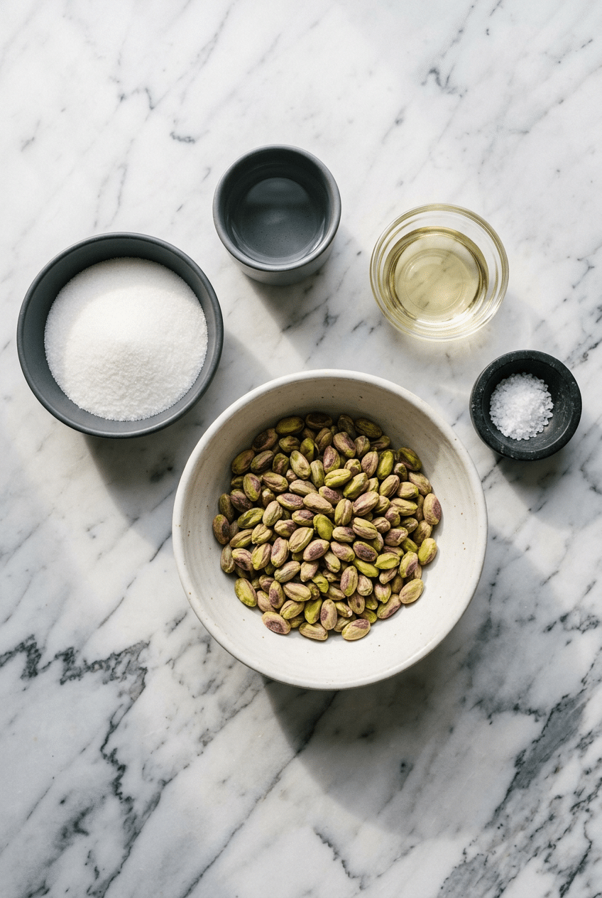 Overhead view of raw shelled pistachios, sea salt, and optional sweetener arranged for a homemade pistachio butter recipe.