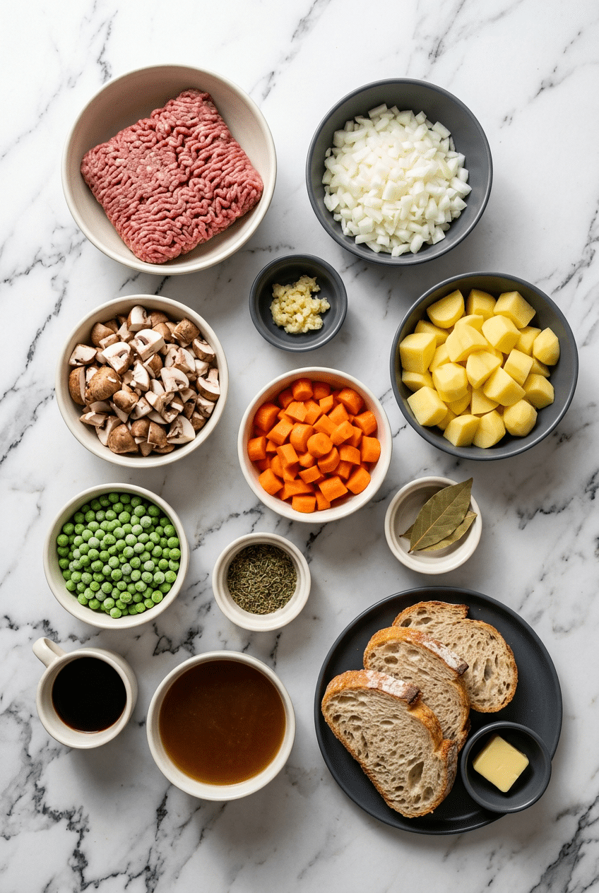 Raw ingredients for Poor Man's Stew including ground beef, russet potatoes, root vegetables, and beef broth on a table.