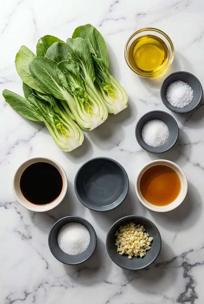Raw Shanghai bok choy, toasted sesame oil, tamari, and Chinese black vinegar laid out for a sauteed bok choy recipe.