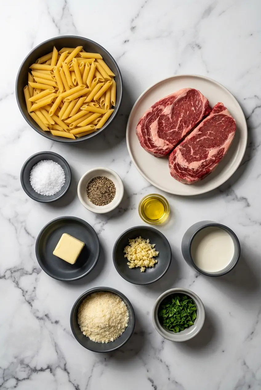 Overhead view of ingredients for a steak pasta recipe including a raw ribeye steak, heavy cream, Parmesan cheese, and wine.