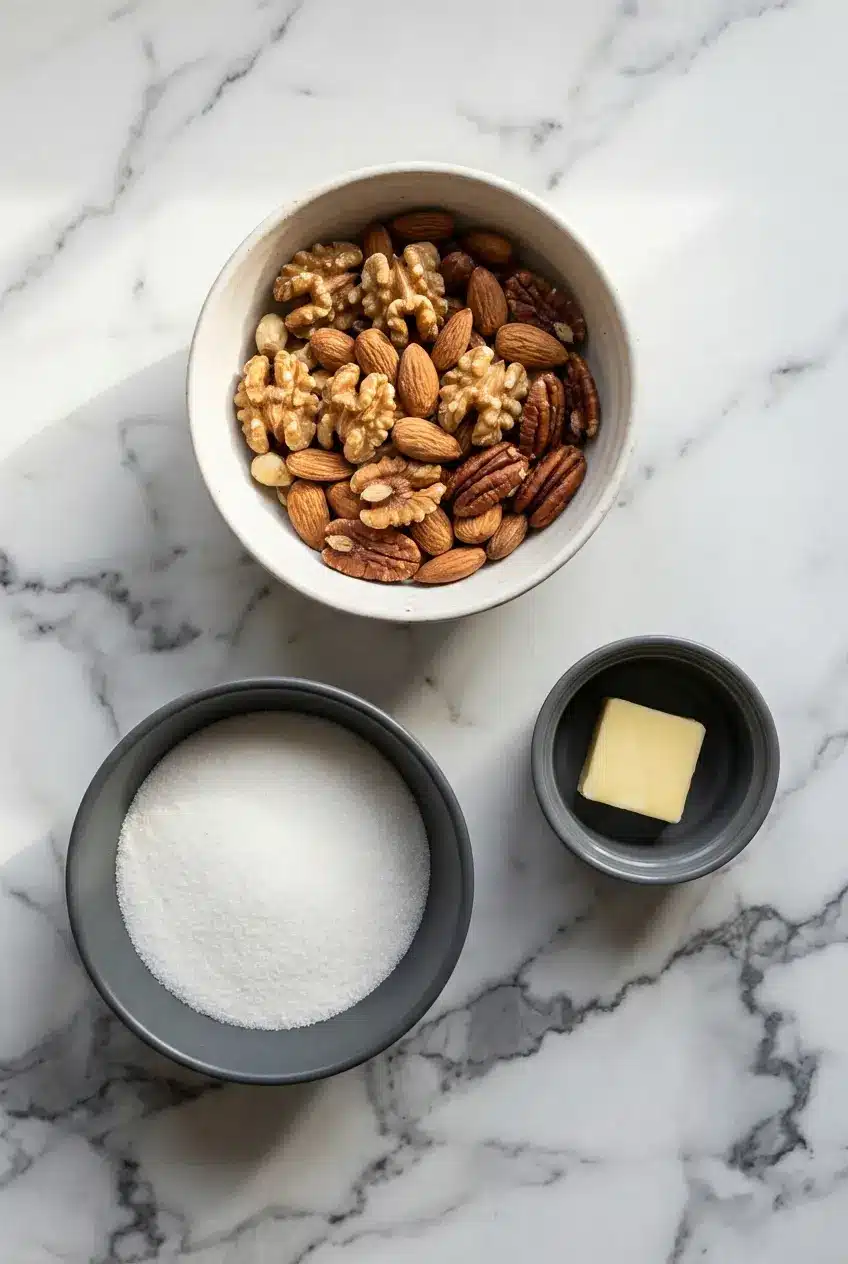 Flat lay of ingredients for Candied Nuts including granulated sugar, raw pecans, butter, and vanilla extract.