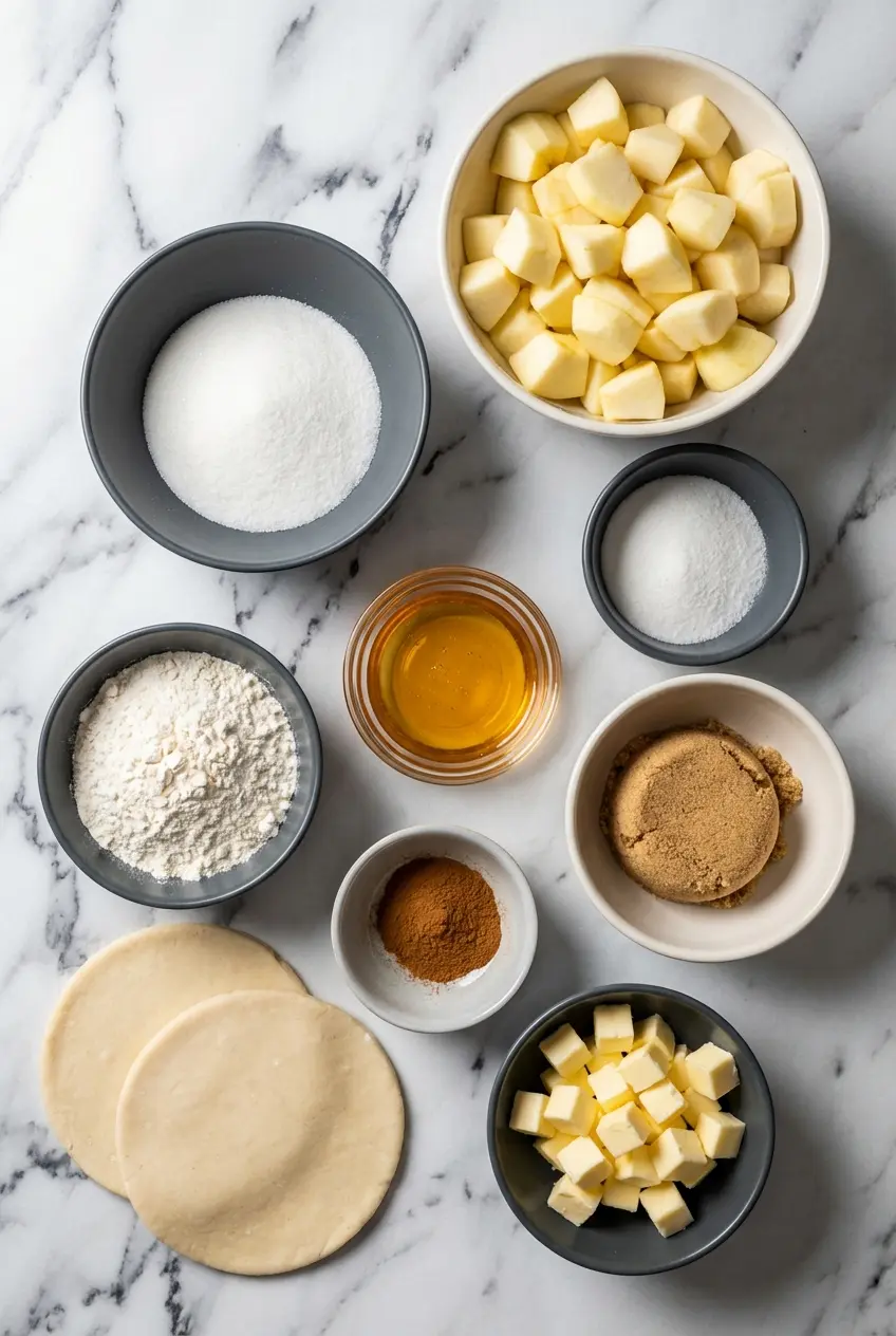 Raw ingredients for mini apple pies including Granny Smith apples, store-bought pie dough, butter, cinnamon, and lemon.
