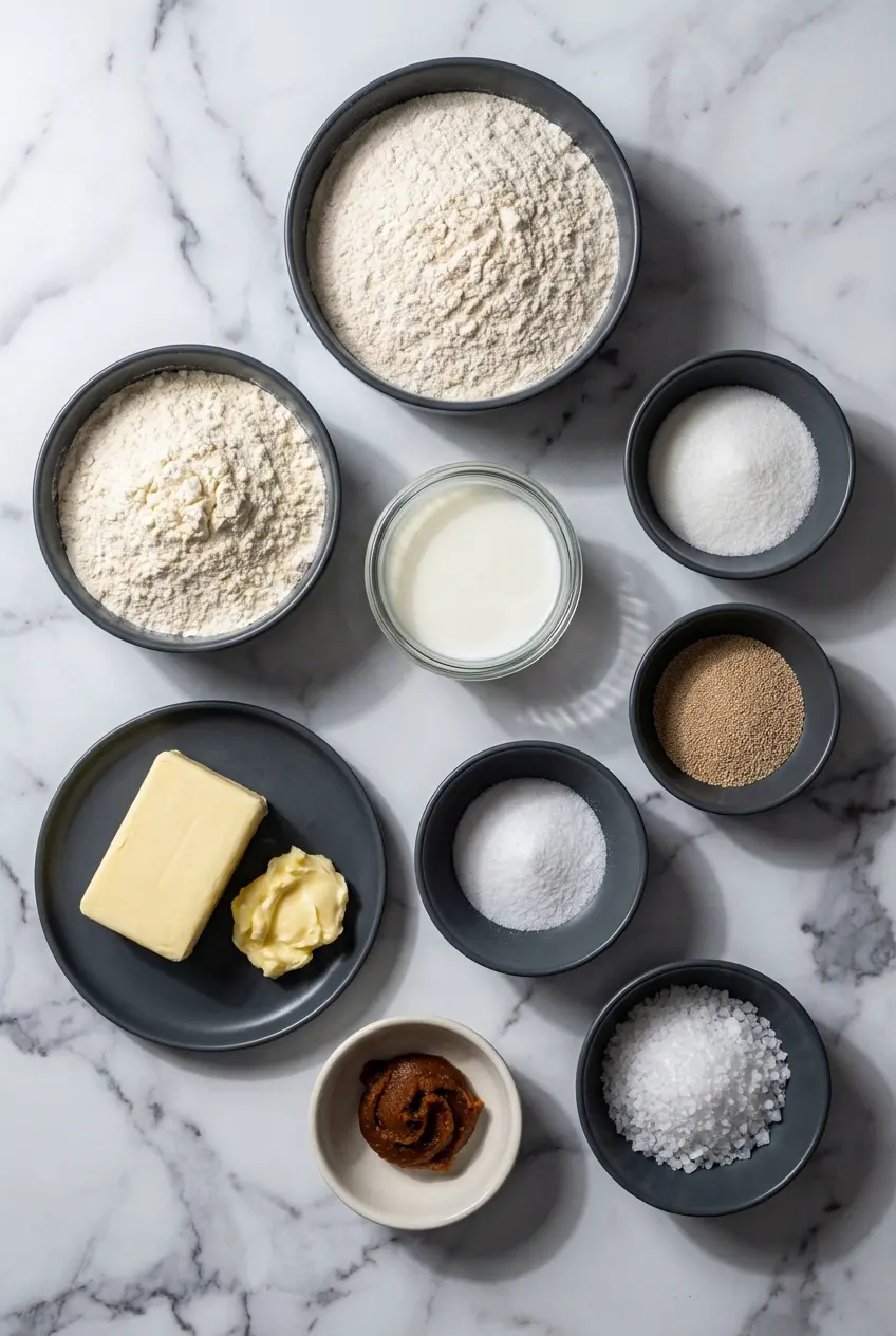Overhead view of ingredients for a Shio Pan Recipe, including bread flour, cake flour, and high-fat cultured butter.