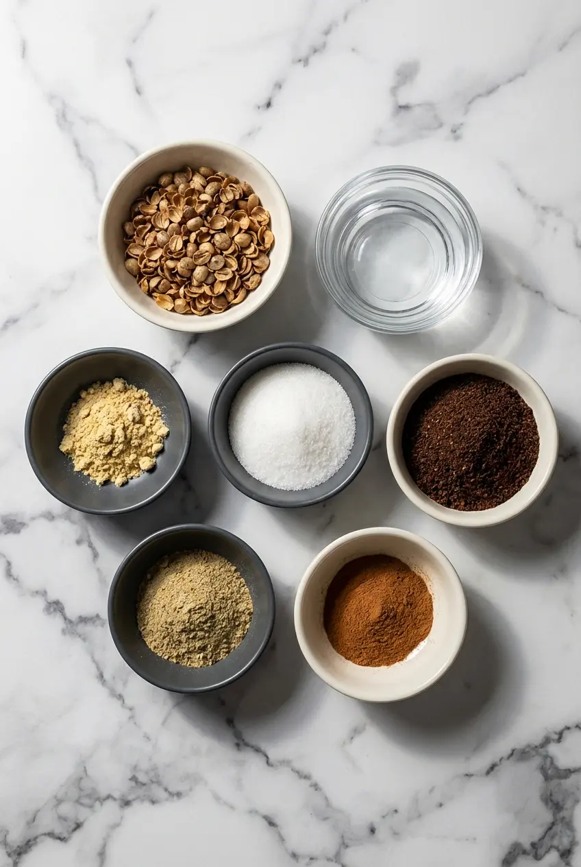 Overhead view of ingredients for a yemeni coffee recipe, including whole Yemeni coffee beans, cardamom, and ground ginger.