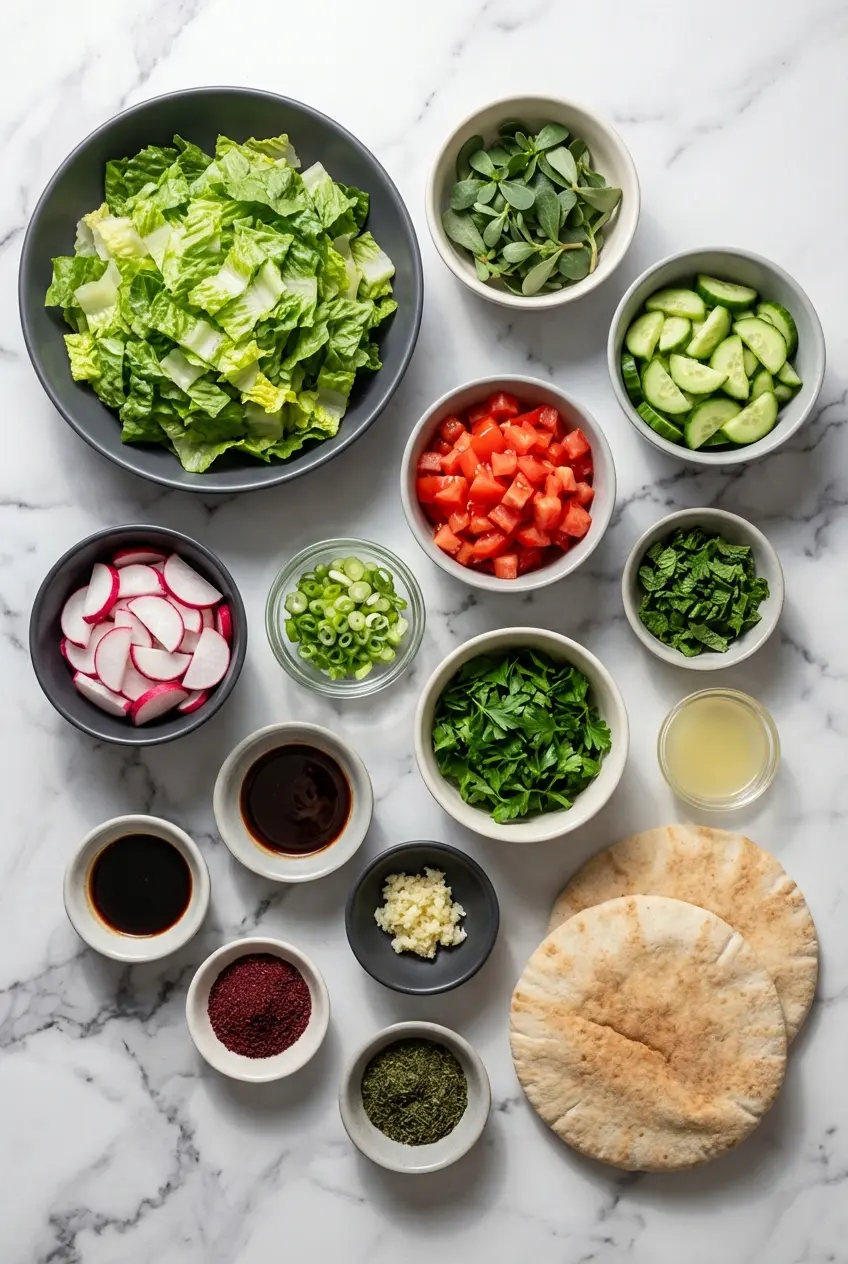 Overhead view of ingredients for a lebanese fattoush salad recipe, including pita bread, sumac, romaine, and fresh mint.